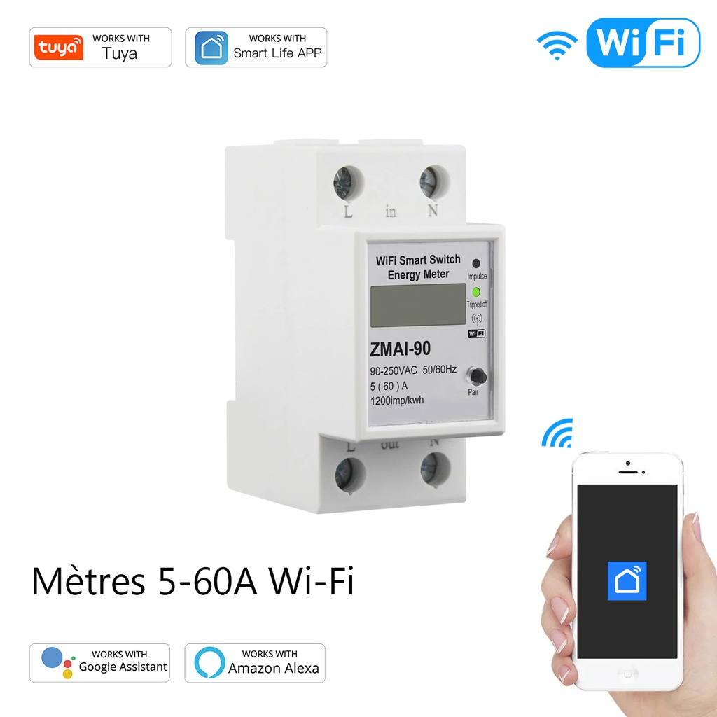 Compteur de consommation d'énergie connecté Wi-Fi 110V/220V 60A / WM