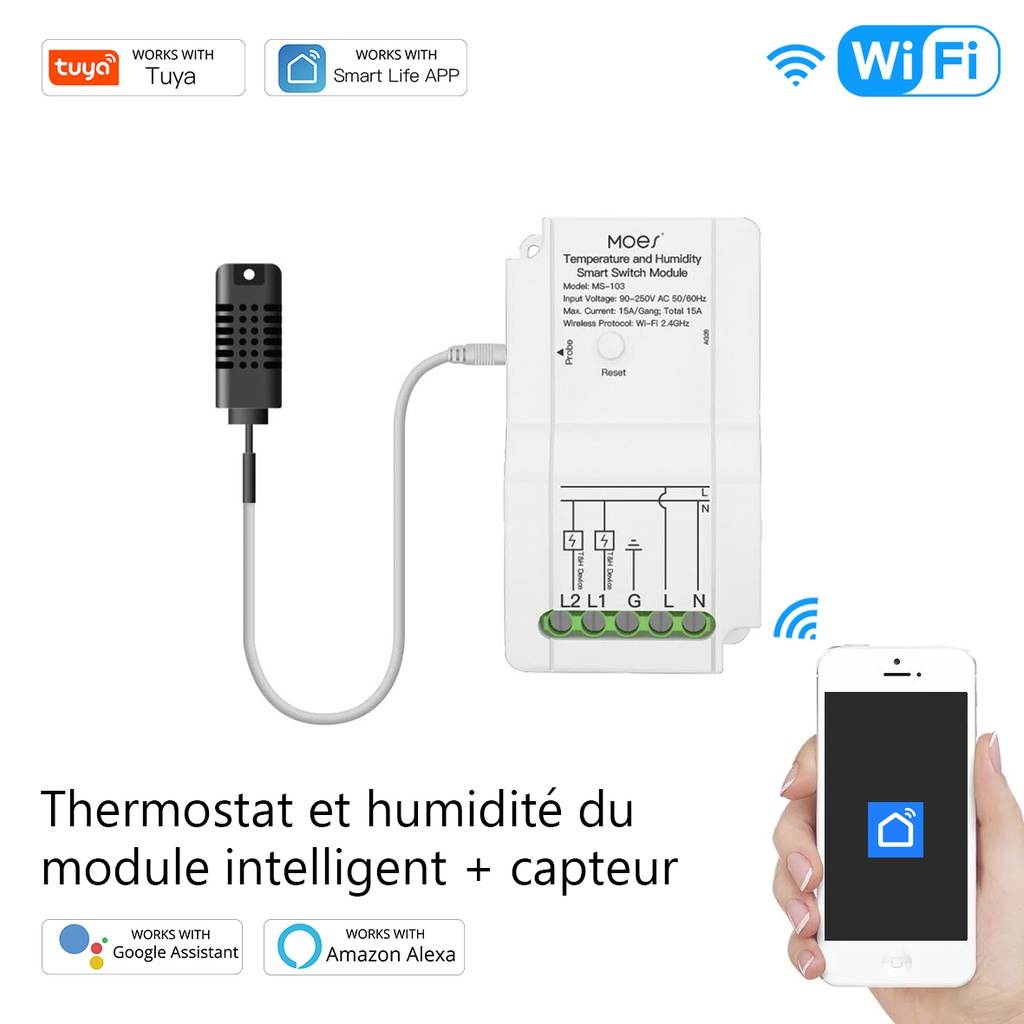 Capteur température et humidité connecté WiFi interrupteur de contrôleur de sortie à double relais / WM-103-MS